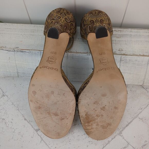 Bebe Gold Strappy Brocade Floral Sparkle Stiletto Heels Size 9.5 M Coquette - Picture 10 of 12